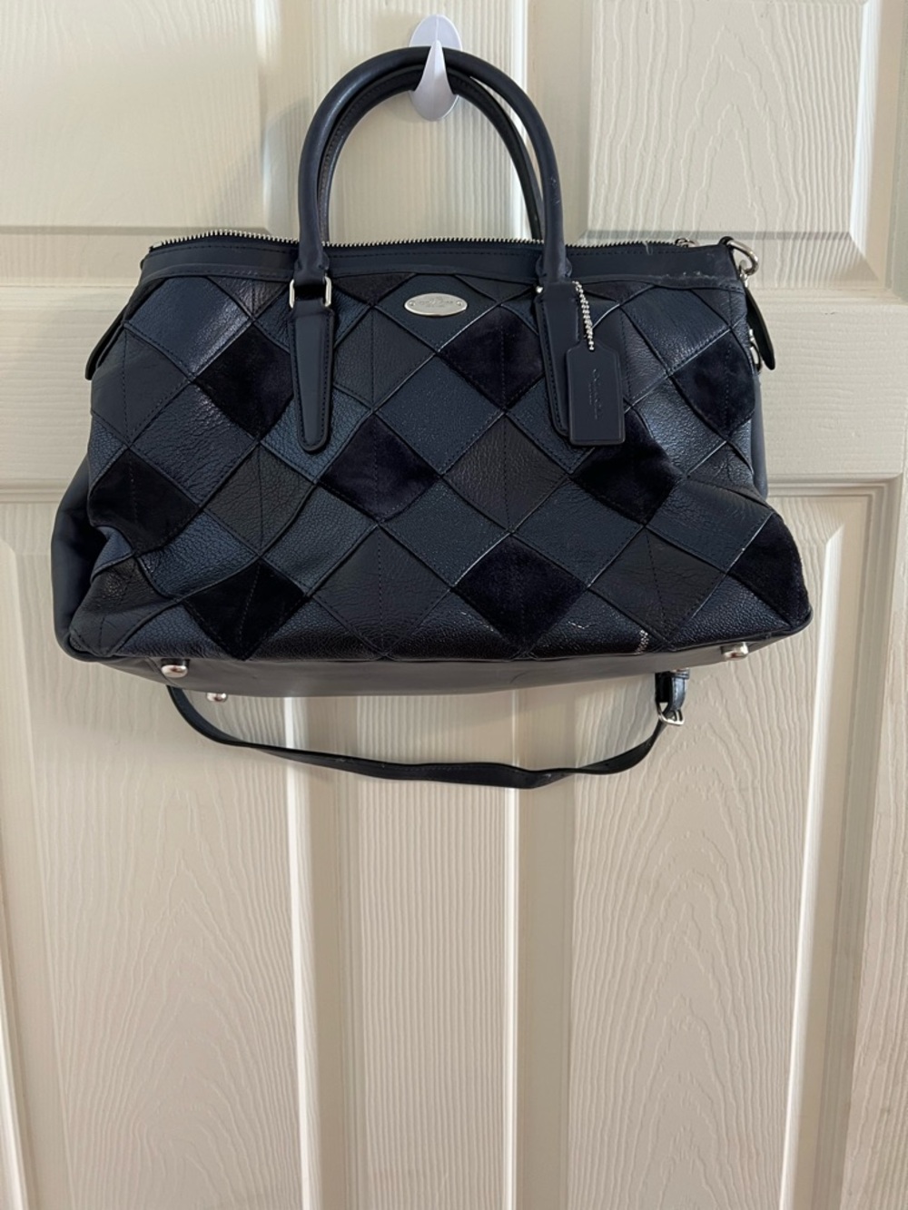 Stunning RARE Coach Morgan Diamond Patchwork Leather & Suede Satchel Bag Navy
